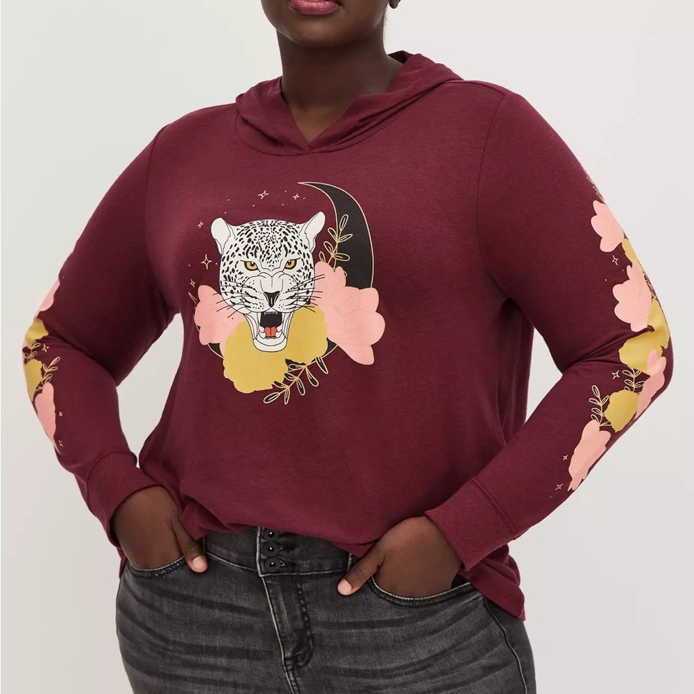 Women's Burgundy Graphic Hoodie with Leopard & Floral Motif